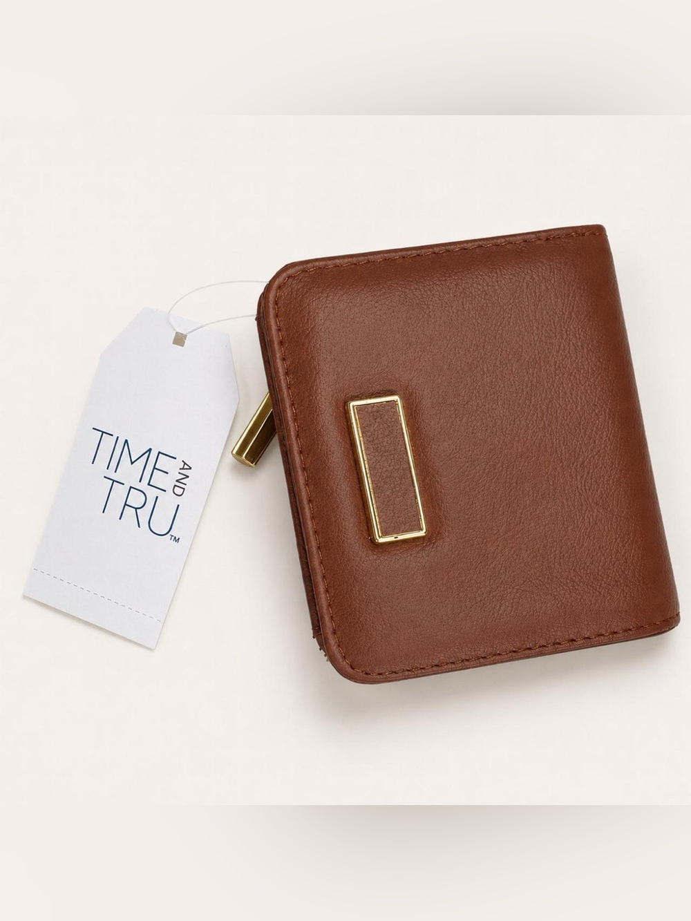 Time and Tru Brown Zip Card Holder with Gold Accent